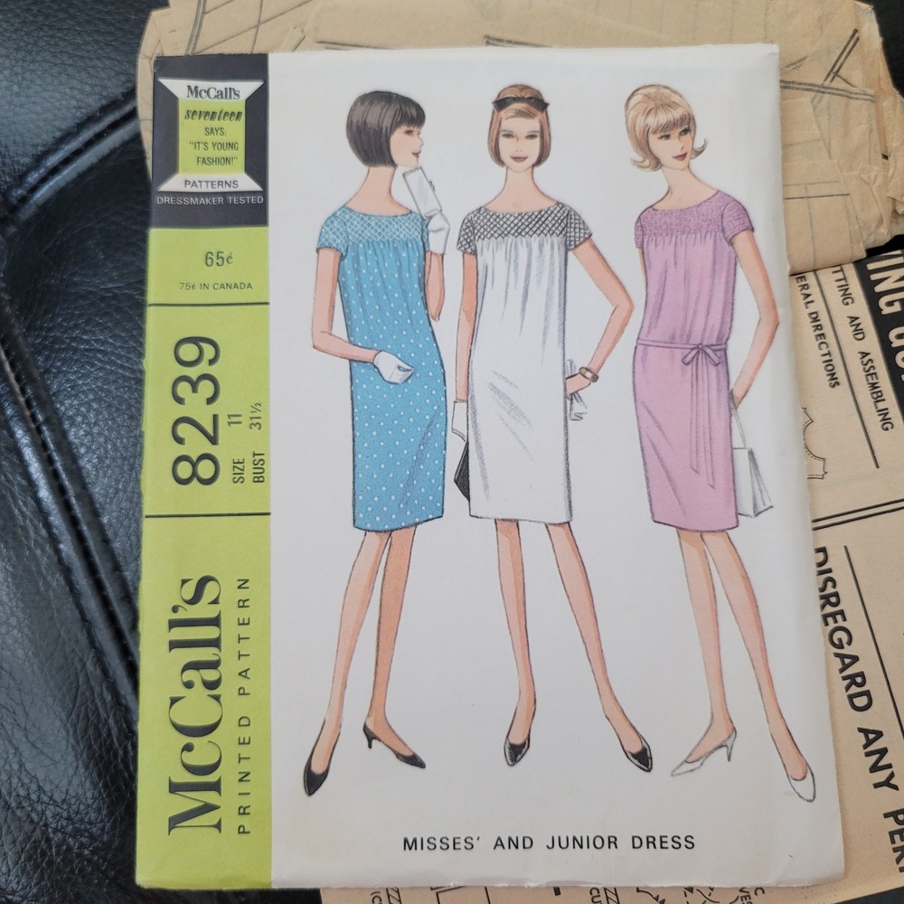 Vintage McCalls 8239 Sewing Pattern 1960s Misses Junior Dress Size 11 Bust 31.5